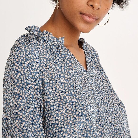 Madewell 100% Silk Poet Top Dusty Slate Blue & Cream Bitsy Floral Size Medium - Picture 15 of 15